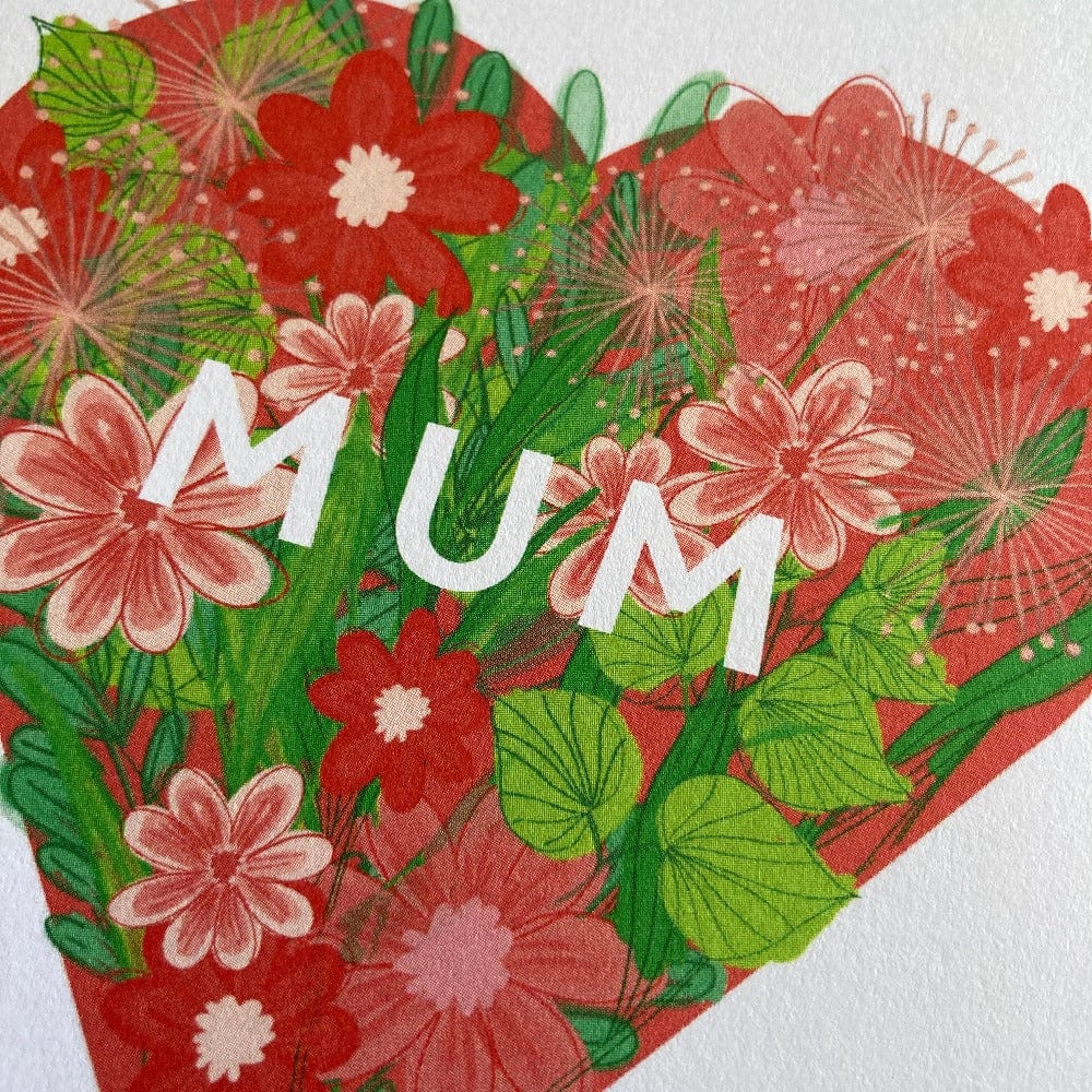A close up view of the Mother's Day card. Showing the intricately drawn bouquet that makes up the heart shape.