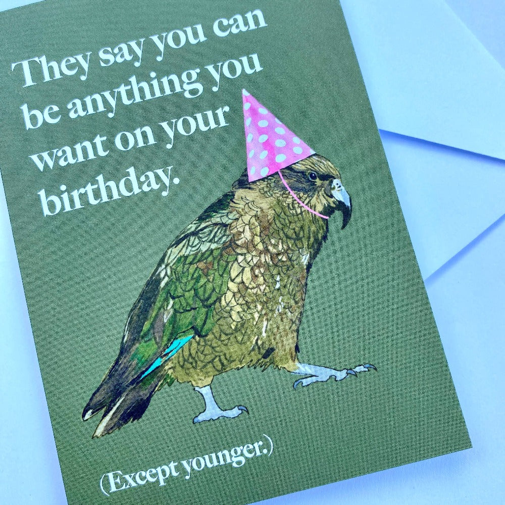 a funny grumpy nz kea birthday card