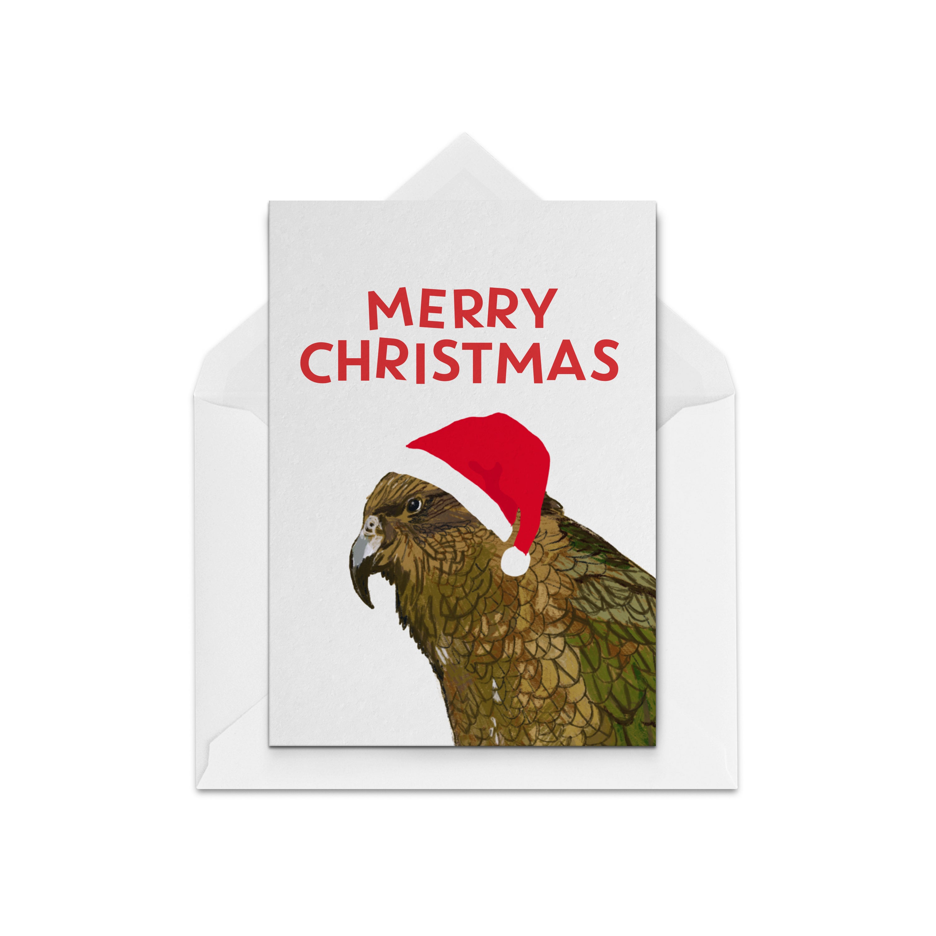 Christmas Card with the words Merry Christmas and a picture of a Kea wearing a Santa hat