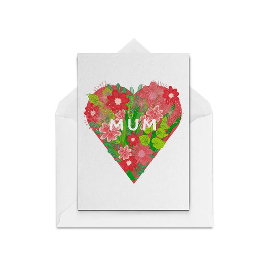 A Mother's Day card showing a bouquet of red and green flowers in the shape of a heart with the word MUM written across the heart in white letters.