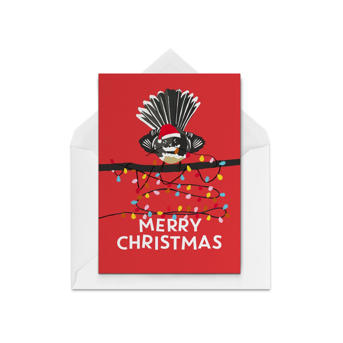 Red Christmas Card with a picture of a fantail made in NZ by the Paper People