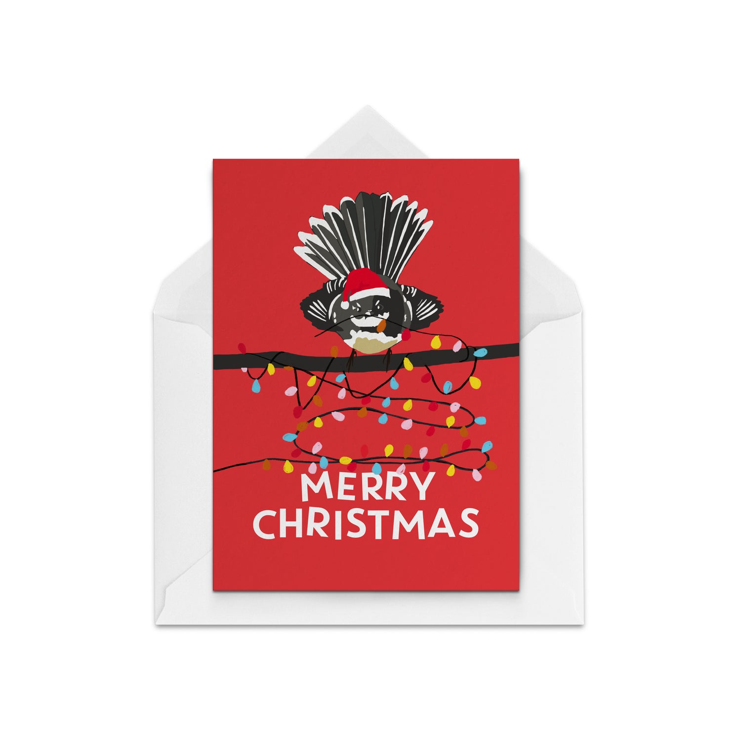 Red Christmas Card with a picture of a fantail made in NZ by the Paper People