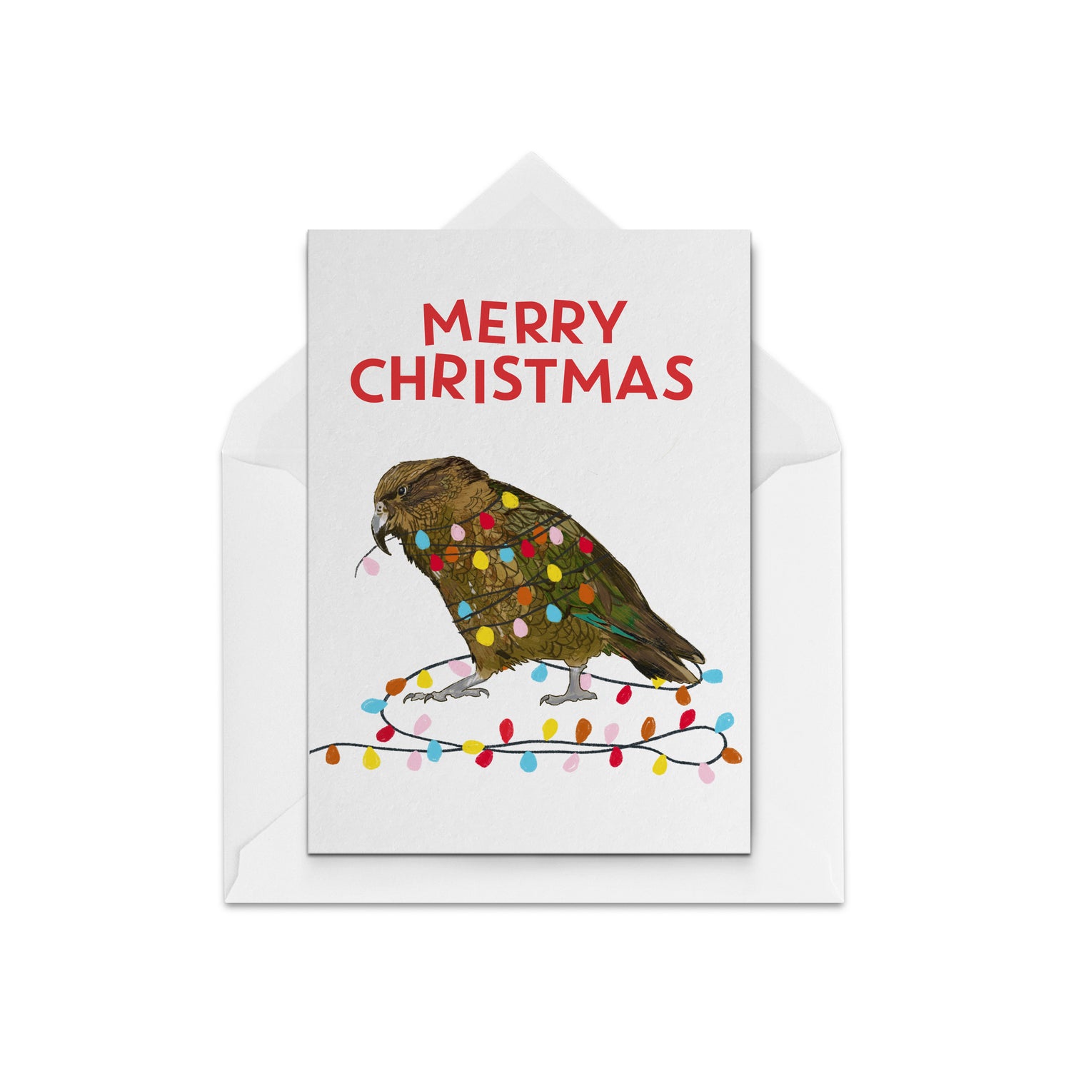 Christmas Card with a picture of a kea wrapped in christmas lights