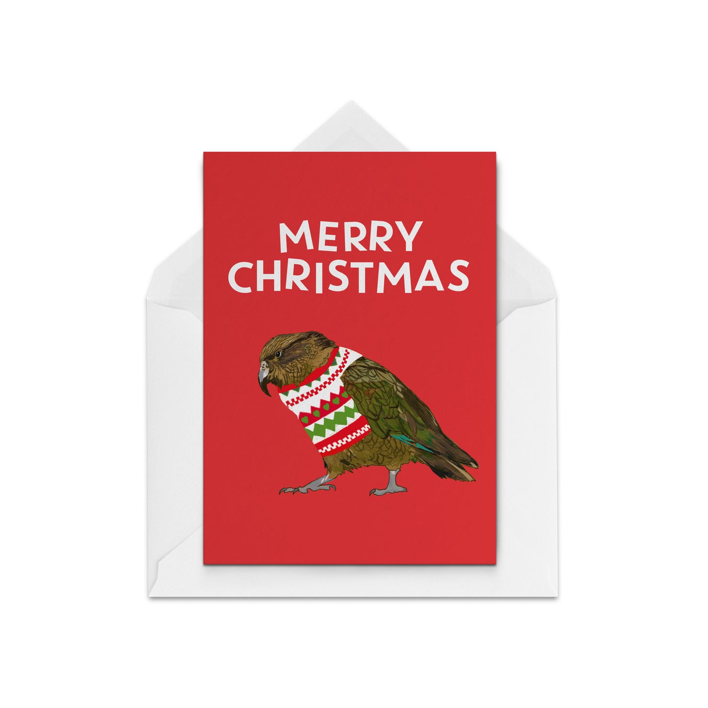 Christmas Card with a picture of a Kea wearing a Christmas Jumper